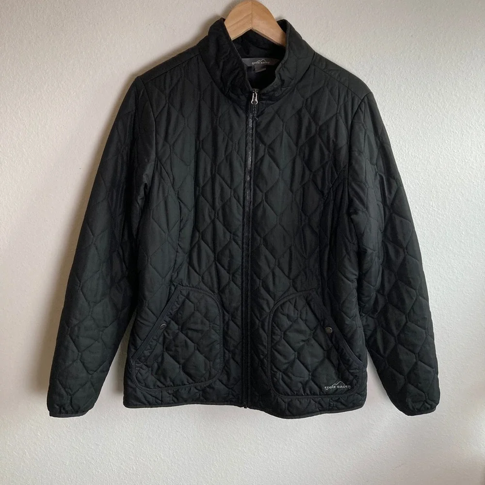 Eddie Bauer Jacket Womens L Black Quilted Puffer Full Zip Mock Neck Lightweight - Picture 1 of 14